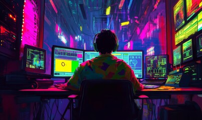Obraz premium Hacker working in a neon-lit room.