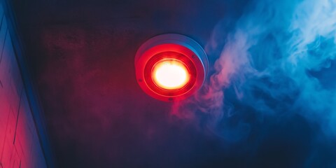 A red smoke detector activates in an indoor setting, signaling an alert during a fire safety drill in a modern office space