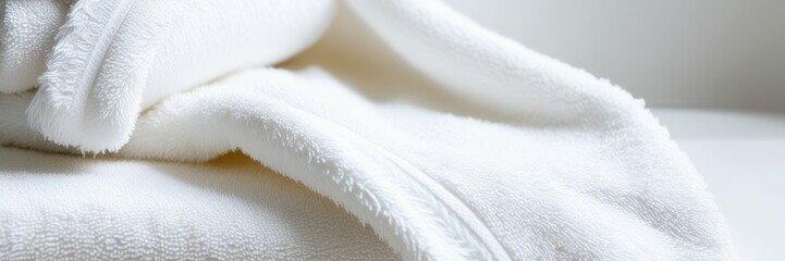 Obraz premium Soft white towels, folded neatly, close-up texture, cotton fabric, fluffy material, clean and fresh, spa atmosphere, minimalist composition, bright lighting, crisp details, serene mood, hygiene concep