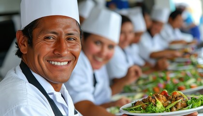 Chef showcasing a creative dish on Worldview Day with fellow culinary artists