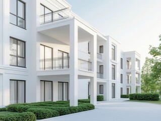 White residential building, open balcony design, 3D illustration