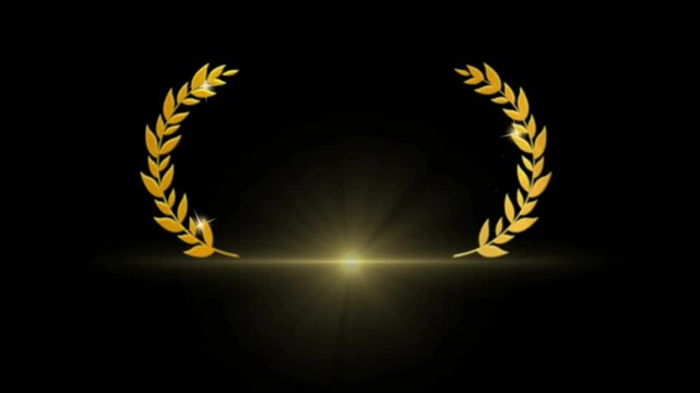 Animation gold laurel wreath with ribbon frame on black background.