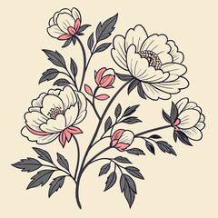 A delicate and charming floral illustration featuring a cluster of blooming peonies, their petals beautifully rendered in white with delicate pink accents.