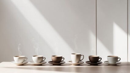A still life image showing multiple cups of coffee on a table.