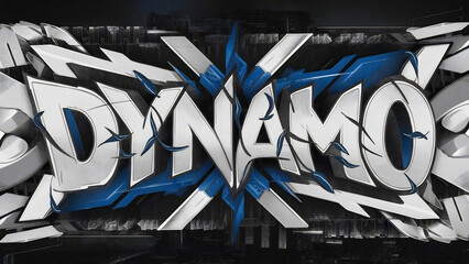 Calligraphy. Lettering. Sketch of graffiti painted with white and blue paint in an urban style with the inscription "Dynamo"