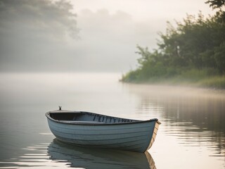 A row boat sitting peacefully on the surface of a calm body of water.