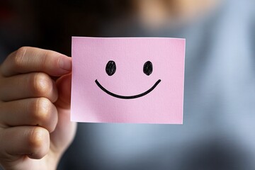 Obraz premium Hand Holding Pink Sticky Note with Smiley Face Positive Feedback Happiness Joy Emoti