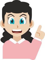 Manga style illustration of a smiling young woman pointing up with her index finger isolated on white background. Concept, indicating something, showing design elements