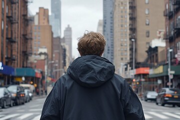 Man Walking Away in City Street with Tall Buildings in Background