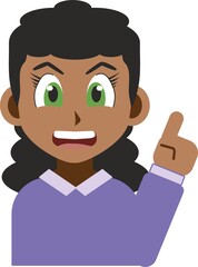 Manga style illustration of a smiling black young woman pointing up with her index finger isolated on white background. Concept, indicating something, showing design elements
