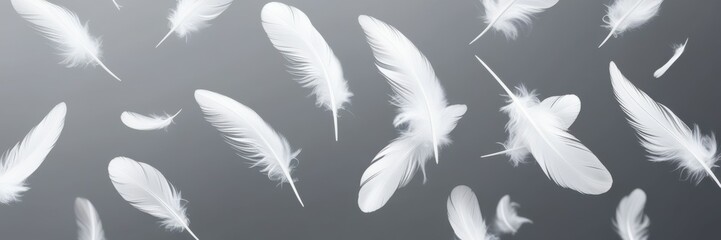 Obraz premium Ethereal white feathers floating, black and white contrast, dreamy atmosphere, soft focus, monochromatic, gentle movement, lightweight textures, abstract background, falling plumes, peaceful mood, min
