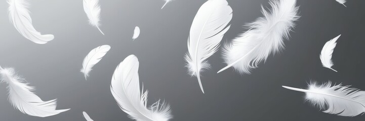 Obraz premium Ethereal white feathers floating, black and white contrast, dreamy atmosphere, soft focus, monochromatic, gentle movement, lightweight textures, abstract background, falling plumes, peaceful mood, min