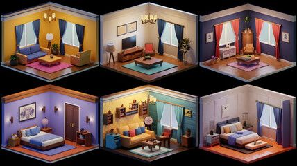 3D cartoonish models for a lounge (sofa, table, TV), bedroom (bed, nightstands, dresser), kitchen (appliances, table), bathroom (fixtures), office (desk, chair), and laundry room (washer, dryer).