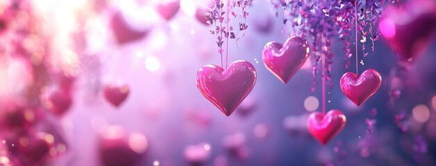 Obraz premium Romantic Abstract Background with Hanging Hearts for Valentine's Day. AI generated illustration