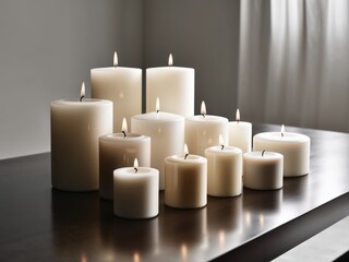 A still life image of a bunch of candles placed on a table.
