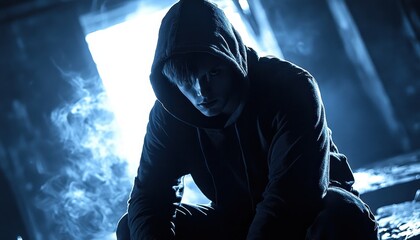 Hacker in a prison cell reflecting on actions and consequences in dim light