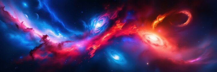 Obraz premium Space nebula, cosmic swirl, vibrant colors, blue and pink galaxies, celestial clouds, interstellar dust, cosmic energy, starry background, deep space, ethereal glow, astronomical phenomenon, cosmic ar