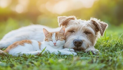 Adorable dog and cat relaxing together on green grass in sunny spring weather