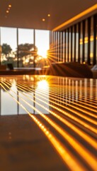 Golden hour light streams through the window and reflects off a sleek, modern table, creating a warm and inviting atmosphere.