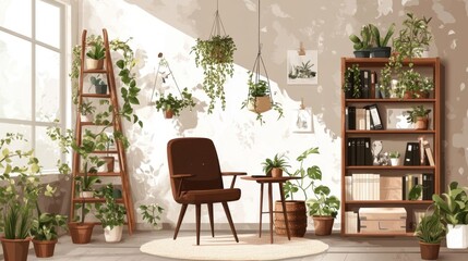 Cozy Home Office Workspace with Plants and Bookshelves