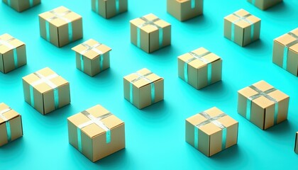 Fototapeta premium Collection of cardboard boxes arranged on a turquoise background for mockup use