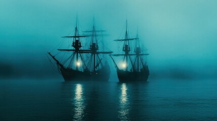 Ghostly Pirate Ships Sailing in the Misty Twilight