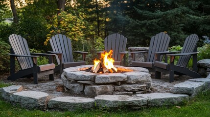 Four Adirondack chairs around a stone fire pit, flames glowing warmly, evening setting with cozy outdoor feel