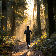Obraz premium Person jogging through a misty forest trail at sunrise, surrounded by towering trees and warm sunlight