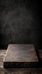 Rustic wooden table with a dark background, perfect for showcasing food or products.