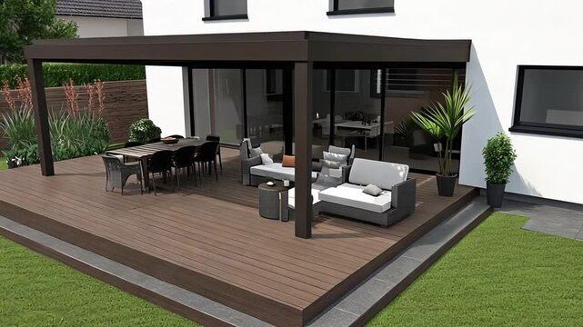 Modern house with a large wooden deck and a pergola covered patio. The patio furniture includes a sectional sofa and a dining table. There are potted plants and green grass surrounding the deck.