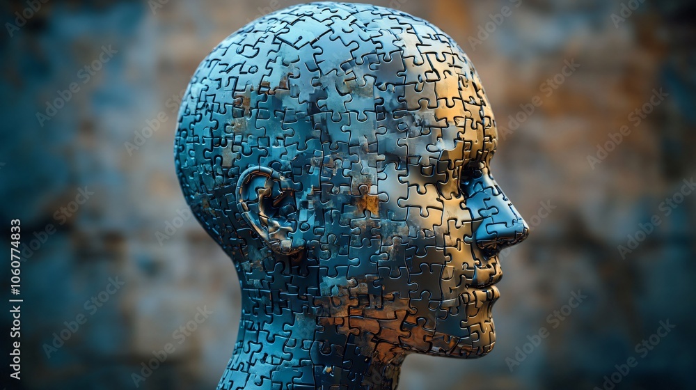 Poster metallic puzzle human head profile concept of intelligence thinking and problem solving