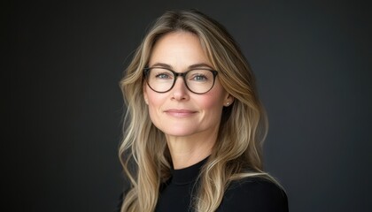 Confident blonde businesswoman smiling in an office setting