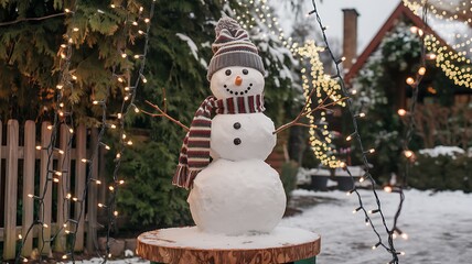 A Festive Snowman Decorated with a Knitted Hat and Scarf