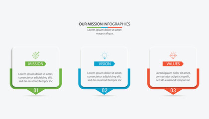Mission, vision, values, graphic design template.eps 10 on white background, Can be used for presentation workflow layout, banner, process, diagram, flowchart, infographic, annual report.