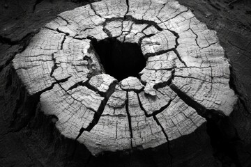 Close-up of a weathered tree stump with a circular hole in the center, showcasing the intricate grain patterns and textures of the wood.