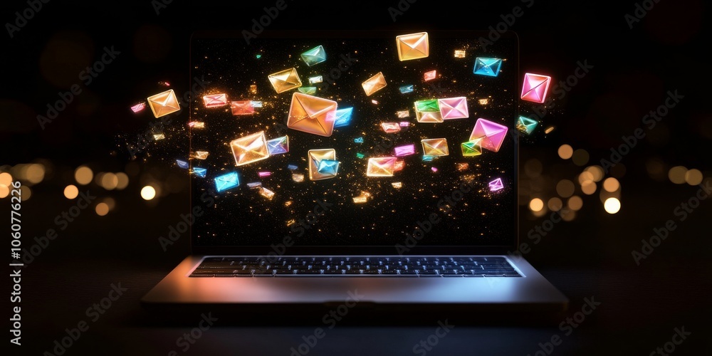 Poster a laptop with glowing lights shows many objects coming out of the screen. this could be used for an 