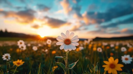 Sunset over a vibrant field of daisies and wildflowers, capturing the beauty of nature in a serene, colorful landscape.