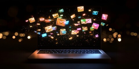 Fototapeta premium A laptop with glowing lights shows many objects coming out of the screen. This could be used for an email download or internet research idea.
