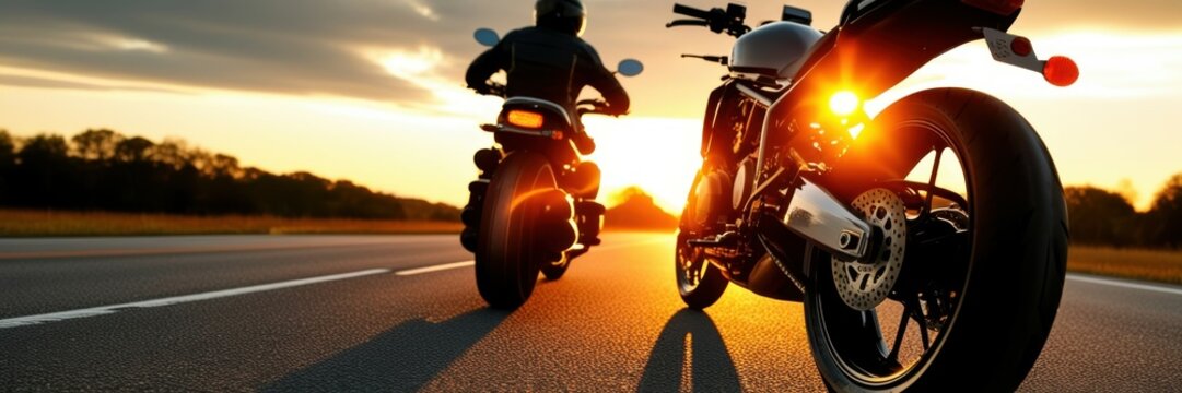 Motorcycle on road at sunset, dramatic sky, golden hour lighting, silhouette, powerful bike, freedom, adventure, panoramic view, empty highway, cinematic, high contrast, dynamic composition, lens flar