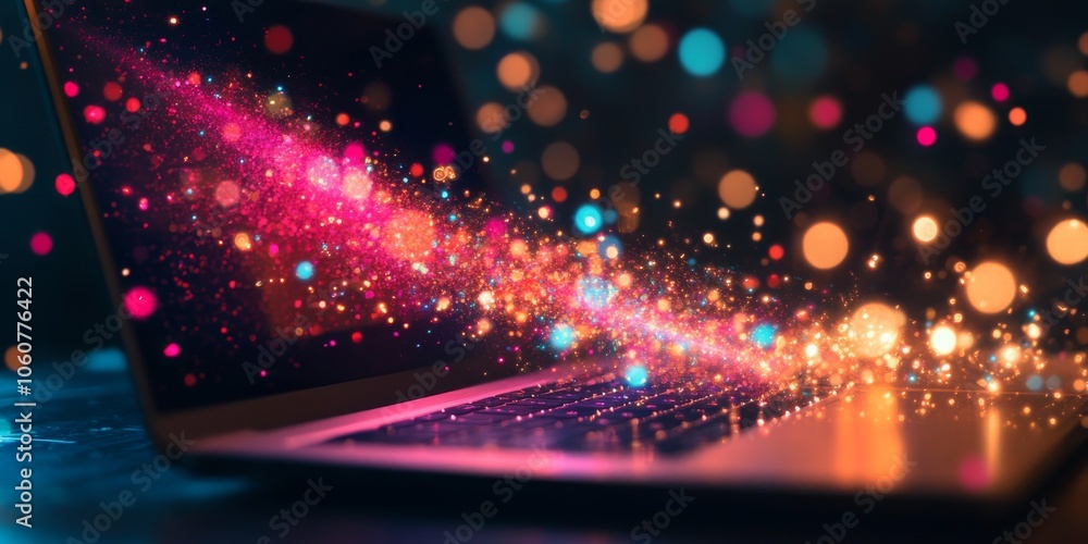 Poster a laptop with glowing lights shows many objects coming out of the screen. this could be used for an 