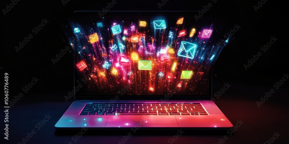 Poster a laptop with glowing lights shows many objects coming out of the screen. this could be used for an 