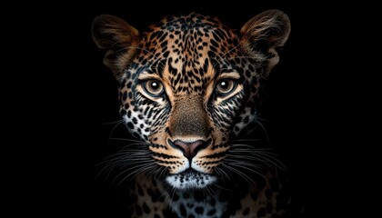 Obraz premium A striking leopard gazing directly with piercing eyes against a dark background