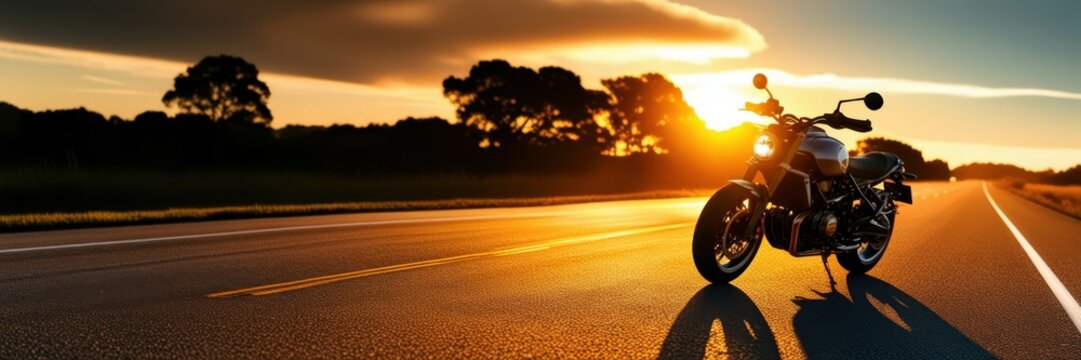 Motorcycle on road at sunset, dramatic sky, golden hour lighting, silhouette, powerful bike, freedom, adventure, panoramic view, empty highway, cinematic, high contrast, dynamic composition, lens flar