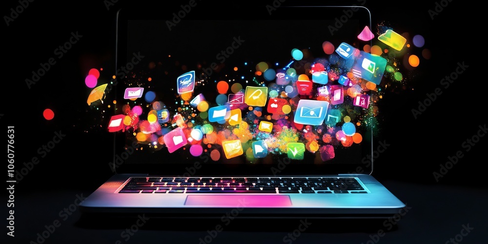 Poster a laptop with glowing lights shows many objects coming out of the screen. this could be used for an 