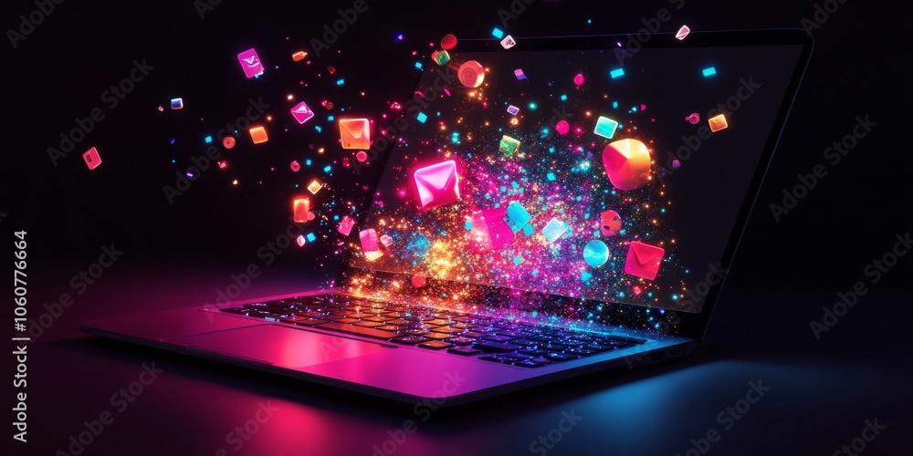 Poster a laptop with glowing lights shows many objects coming out of the screen. this could be used for an 