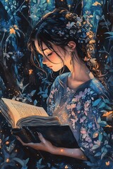 A young woman discovers enchantment in a mystical forest while reading an ancient book illuminated by natural light and surrounded by blooms and whispers of nature