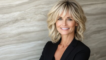 Confident businesswoman smiling while engaging with colleagues in a modern office