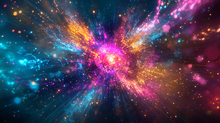 Obraz premium A vibrant, colorful explosion of light shines against a dark background, creating a dazzling display