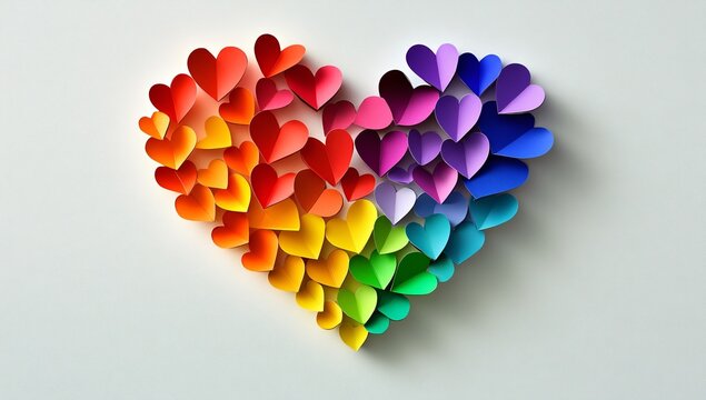 Colorful heart made from layered paper hearts arranged in a rainbow pattern with shadows, showcasing arts and crafts creativity