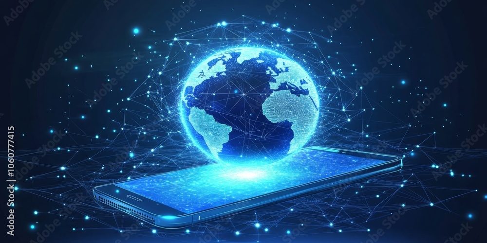 Poster a blue phone with a white screen shows a hologram of earth. the design is modern and uses a low-poly
